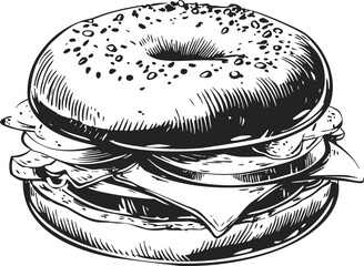 Bagel sandwich sketch hand drawn with cheese and deli meat layers. Vector illustration