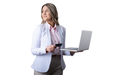 Woman holding credit card and laptop for online shopping