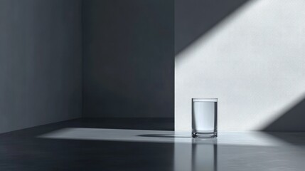 Fototapeta premium Single Transparent Glass of Water on a Minimalistic Surface with Natural Light Creating Shadows in a Modern Indoor Setting