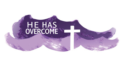 White christian cross with text he has overcome against abstract purple watercolor background