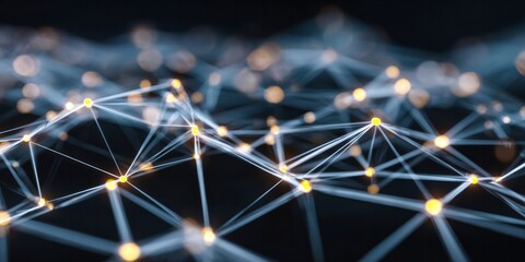 Interconnected glowing nodes form a complex abstract digital mesh structure in darkness