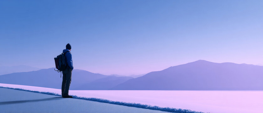 Solitary hiker standing on snowy ridge overlooking vast mountain range during serene twilight with soft purple and blue hues