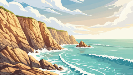 Obraz premium Digital illustration of a rugged coastline with cliffs, waves, and a cloudy sky in a scenic landscape.