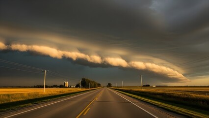 Ominous shelf cloud over rural road landscape photography for travel and weather enthusiasts photo