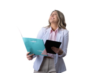 Professional businesswoman holding folder and tablet smiling up