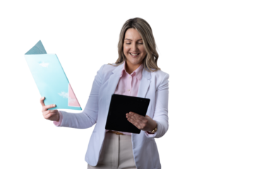 Professional businesswoman smiling holding folder and tablet in corporate environment