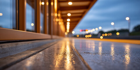 Low angle view of illuminated modern building exterior with reflective wet pavement and blurred city lights at dusk
