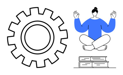Mindfulness, education, personal growth, work-life balance, focus, innovation. A person meditating on books next to a gear icon. Mindfulness and education as key focal points