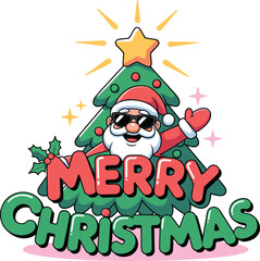 Merry Christmas vector, Santa Claus with sunglasses, decorated tree, festive greeting, cheerful holiday layout, sparkles and holly accents