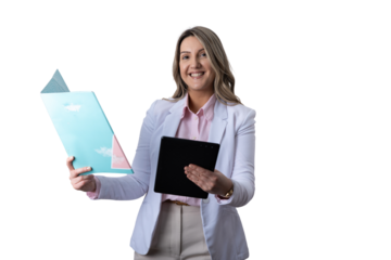 Businesswoman holding folder and digital tablet smiling confidently