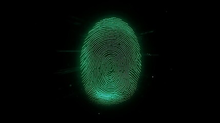 Glowing green fingerprint on a dark background, representing identity and security.