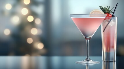 Festive pink cocktails on a bar with bokeh lights