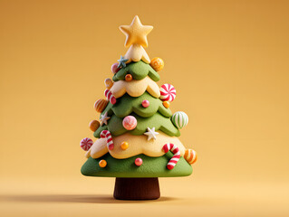 Obraz premium Cute Christmas tree awaiting Christmas. Christmas is near concept design on yellow background with copy space. 3D Rendering, 3D Illustration