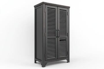 Dark brown cabinet with slatted doors and top detail, on a white background