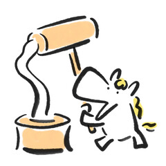 墨絵の臼と杵で餅つきをする白馬　日本の正月行事