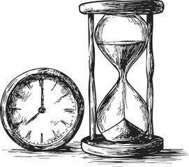 Hourglass and clock sketch, hand drawn vintage timekeeping objects. Vector illustration