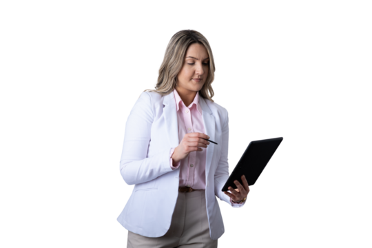 Businesswoman using digital tablet and stylus working - Powered by Adobe
