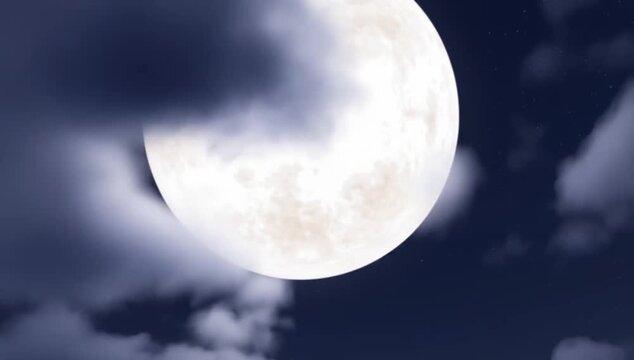 Full Moon Shining Brightly Through Dark Night Clouds.
