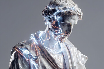 Ancient statue of a figure emitting electric light, showcasing a fusion of history and modern technology