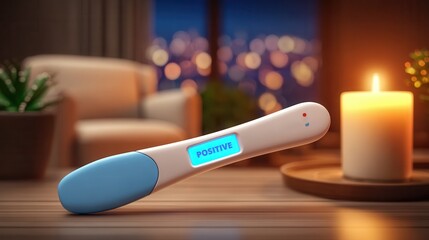 Celebrating joyful pregnancy announcement with positive test result by candlelight in cozy home setting, glowing with anticipation and happiness tonight
