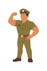 Vector illustration of a strong Indian police officer in uniform flexing muscles, symbolizing law enforcement, authority, public safety, bravery, and national duty.