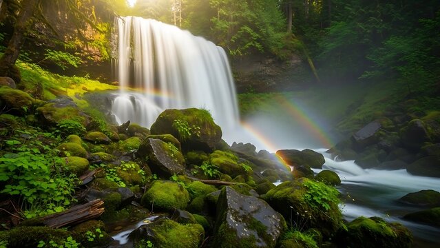 Magical Forest Waterfall with Double Rainbow Sunlit Mist and Emerald Moss in Ancient Forest.