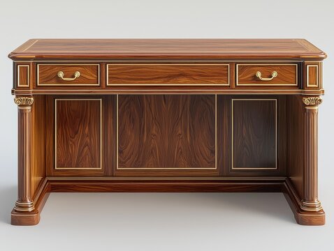 Elegant wooden desk with gold trim, featuring three drawers and paneled legs - Powered by Adobe