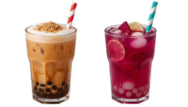 Two iced beverages including milk tea with boba and fruit refresher isolated on transparent background