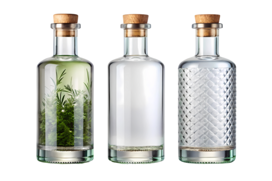 Three clear glass bottles with cork stoppers standing side by side on a black background in a studio shot