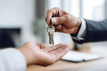 Handing over keys during a real estate transaction in an office setting