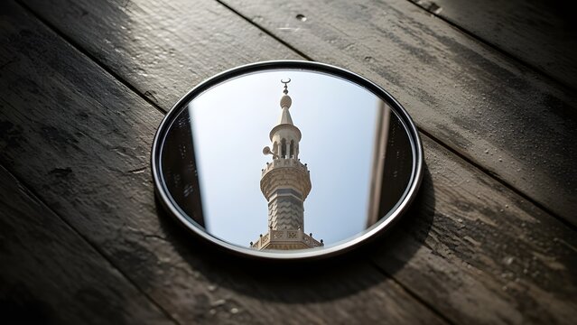 Kaca bundar di lantai kayu  dengan bayangan menara kubah