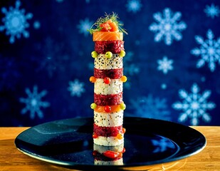 Festive sushi tower with salmon and rice against snowy winter snowflake background
