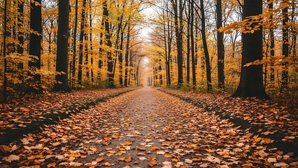 Autumn Forest Path: Golden Foliage Serene Walkway Atmospheric Landscape.