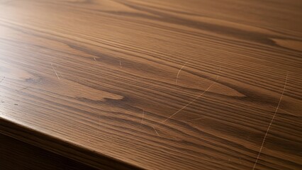 Close up of brown wooden table surface with scratches and wood grain texture for background use design