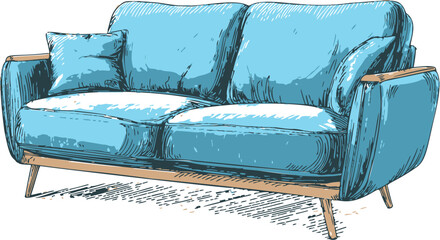 Blue sofa sketch, hand drawn modern couch with cushions. Vector illustration
