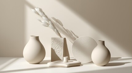 Cloud Dancer Pantone color of the year 2026 minimal ceramic vases still life composition. Elegant beige pottery with pampas grass and window shadow for interior design home decor December presentation