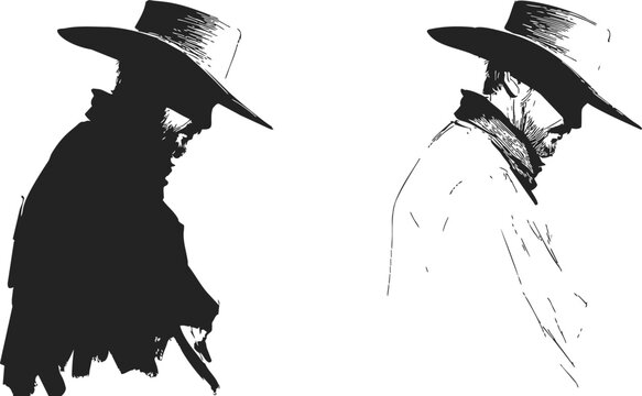 Cowboy silhouette sketch hand drawn style, two men in hats facing down. Vector illustration