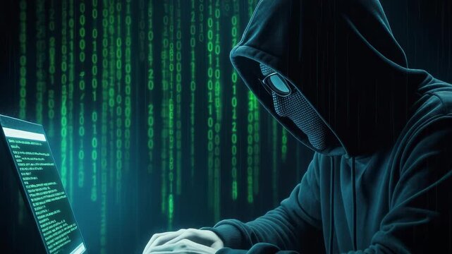 A mysterious hooded hacker working intensely on a laptop surrounded by glowing green digital binary code representing deep network intrusion