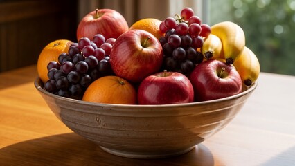 A bowl full of fresh fruits on a table with apples, grapes, oranges and bananas
