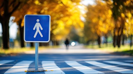 Pedestrian Crossing Sign Against Autumn Backdrop with Blurred Background in City Park Showing Golden Trees and Calm Pathway