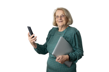 Senior woman holding smartphone and laptop smiling