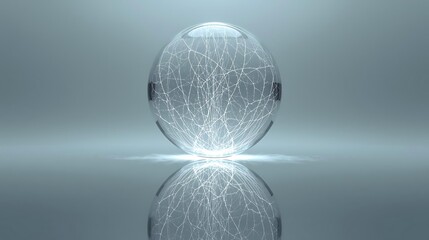 Abstract glowing sphere with energy veins and reflection on a surface.