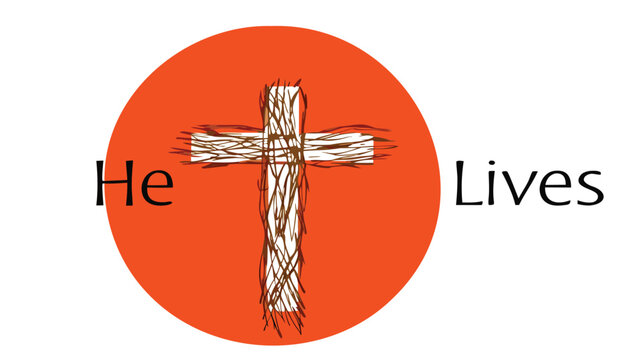 Christian cross symbol with the words he lives in bold black text against an orange circle background