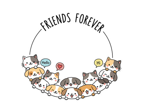 Friends forever text with cute cartoon cats and dogs circle frame