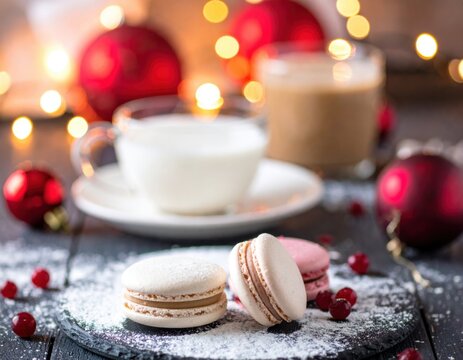 Festive holiday macarons with milk and coffee, perfect for cozy winter celebrations and seasonal promotions, evoking warmth and delight this Christmas