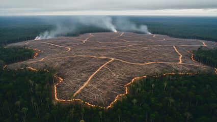Aerial view of deforestation in a rainforest, showing cleared land and burning areas.