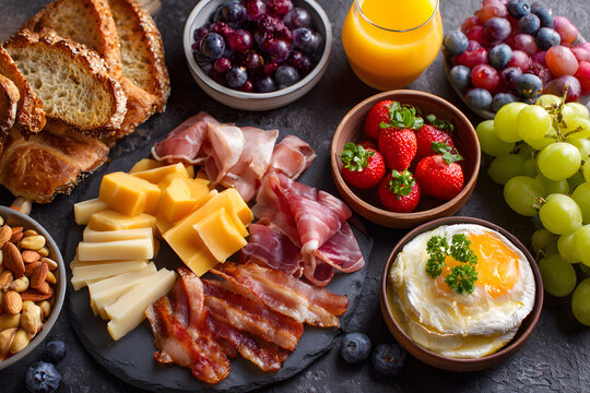Breakfast spread featuring fresh fruits, savory meats, and baked goods on a rustic table