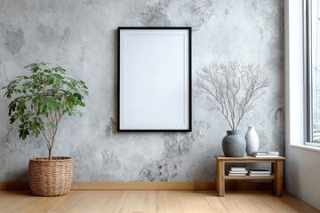 Vertical black frame mockup hangs centered on a distressed concrete texture wall between interior plants and decor