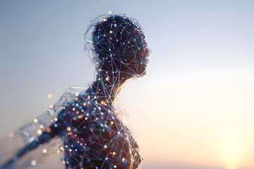 Digital artwork of a human form made of interconnected lines and lights at sunset in a vibrant sky