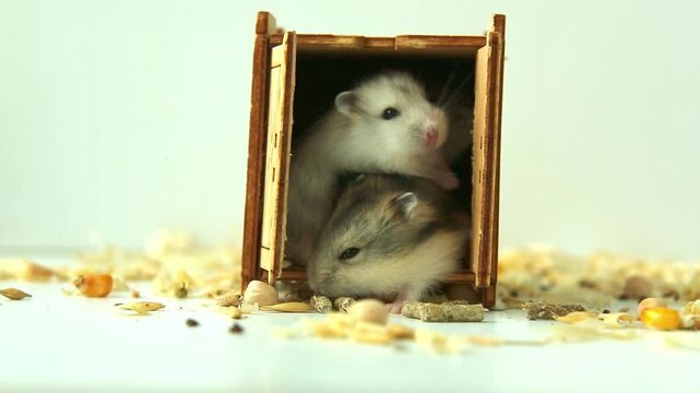Two hamsters emerge from a small wooden house and go out into the open, exploring scattered food, changing positions and interacting with each other during the day's activity indoors.